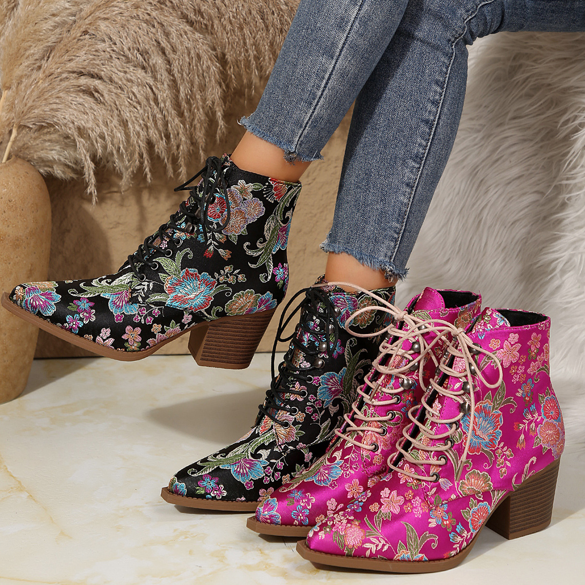 Ethnic Pointed-Toe Ankle Boots - Ethnic Fashion For Ladies 评论和价格